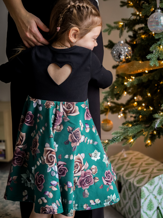 Robe Abi - Noir/Fleurs fond émeraude