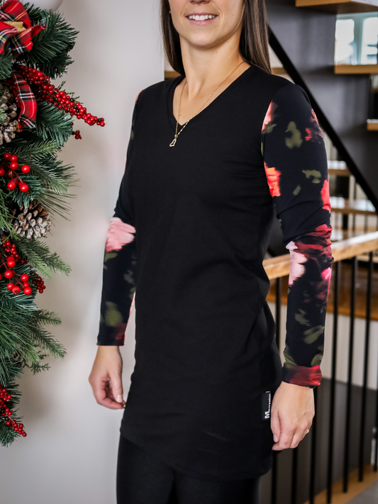 Tunique Sarah - Noir/Fleurs rose/rouge brouillées