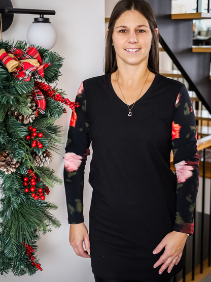 Tunique Sarah - Noir/Fleurs rose/rouge brouillées