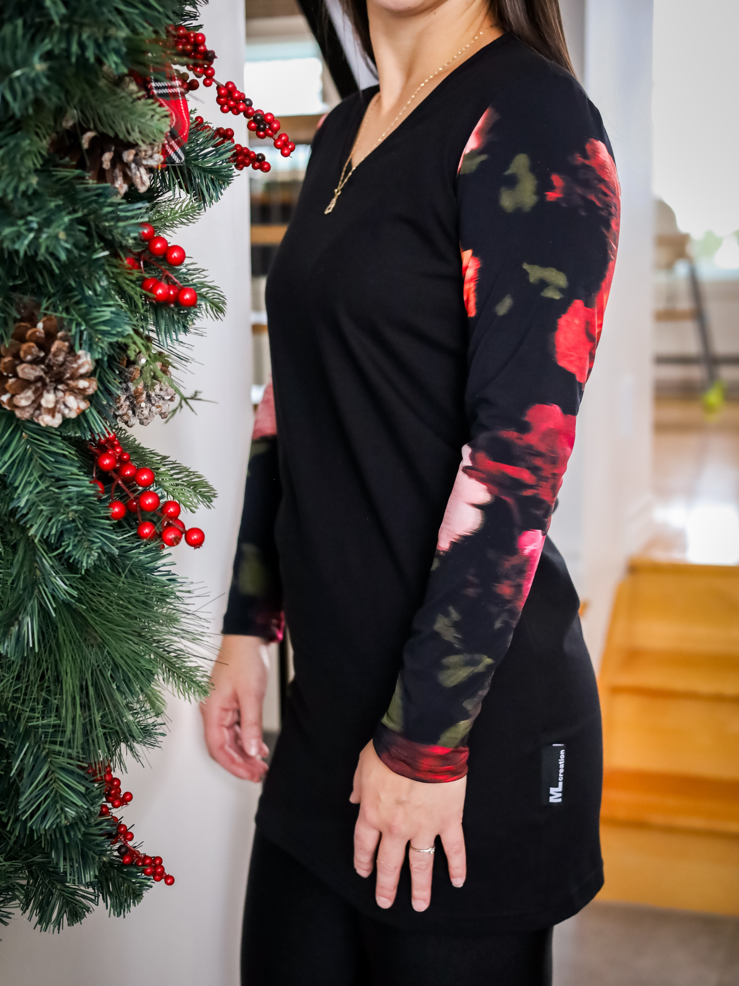 Tunique Sarah - Noir/Fleurs rose/rouge brouillées