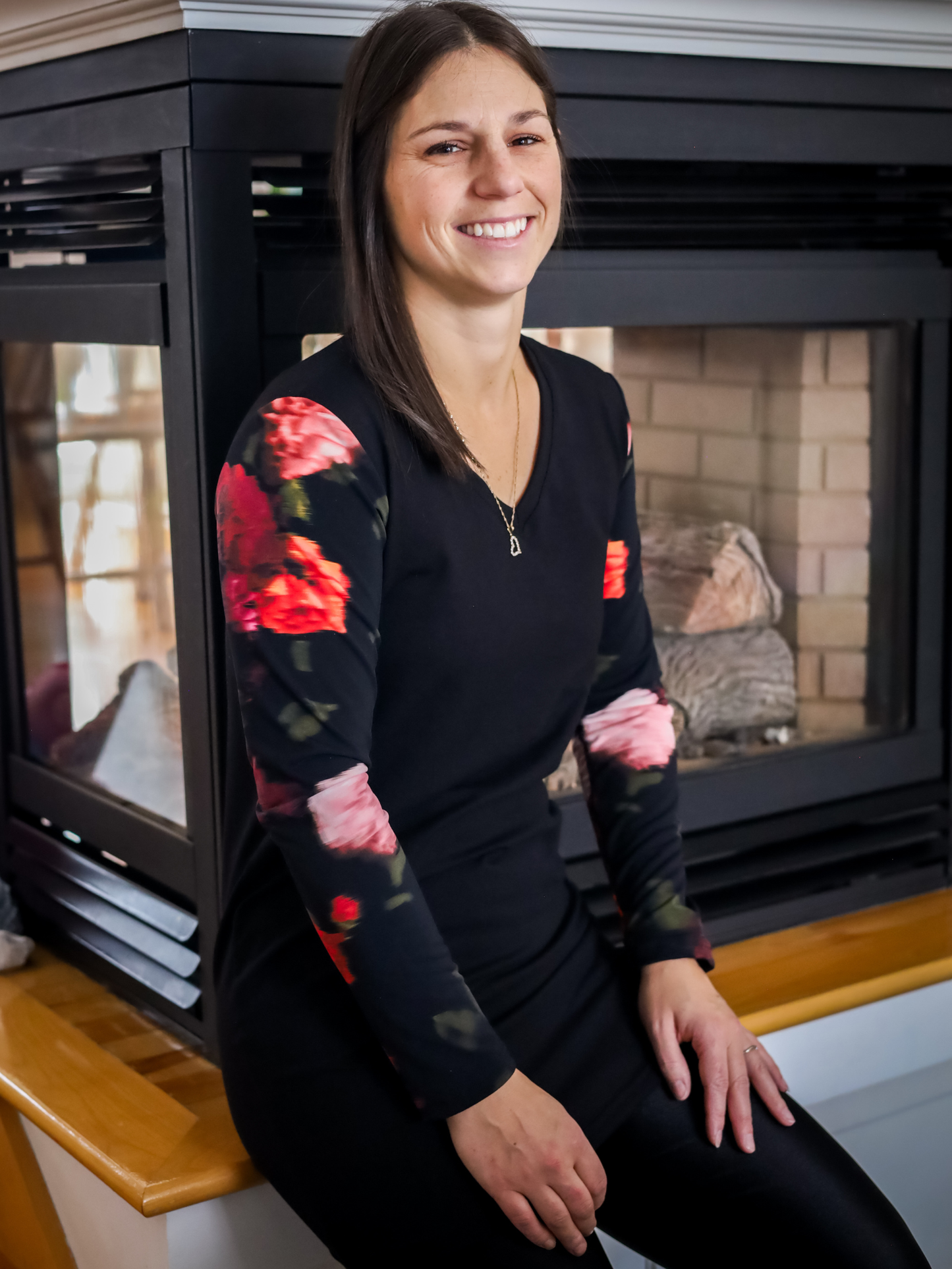 Tunique Sarah - Noir/Fleurs rose/rouge brouillées