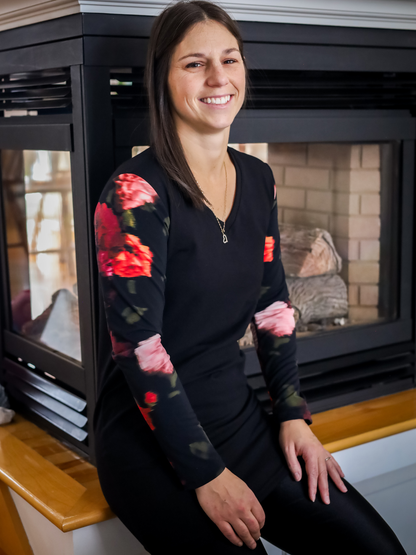 Tunique Sarah - Noir/Fleurs rose/rouge brouillées