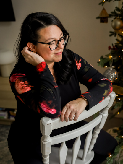 Tunique Sarah - Noir/Fleurs rose/rouge brouillées