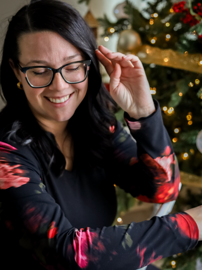 Tunique Sarah - Noir/Fleurs rose/rouge brouillées