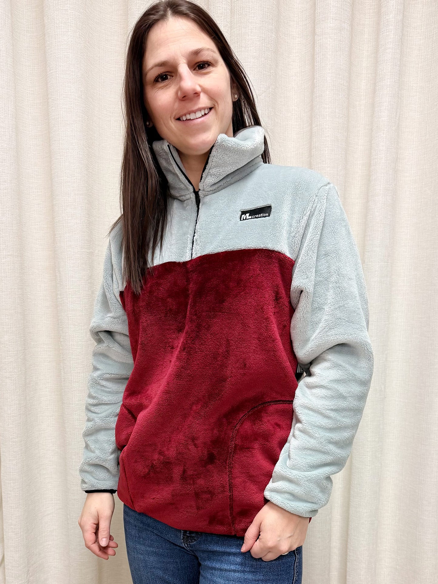 Molleton -Col- Gris pâle/Bourgogne