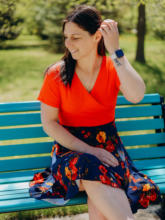Robe Caroline - Orange/Fleur Rouge et Jaune