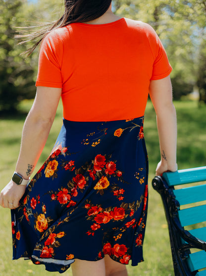 Robe Caroline - Orange/Fleur Rouge et Jaune